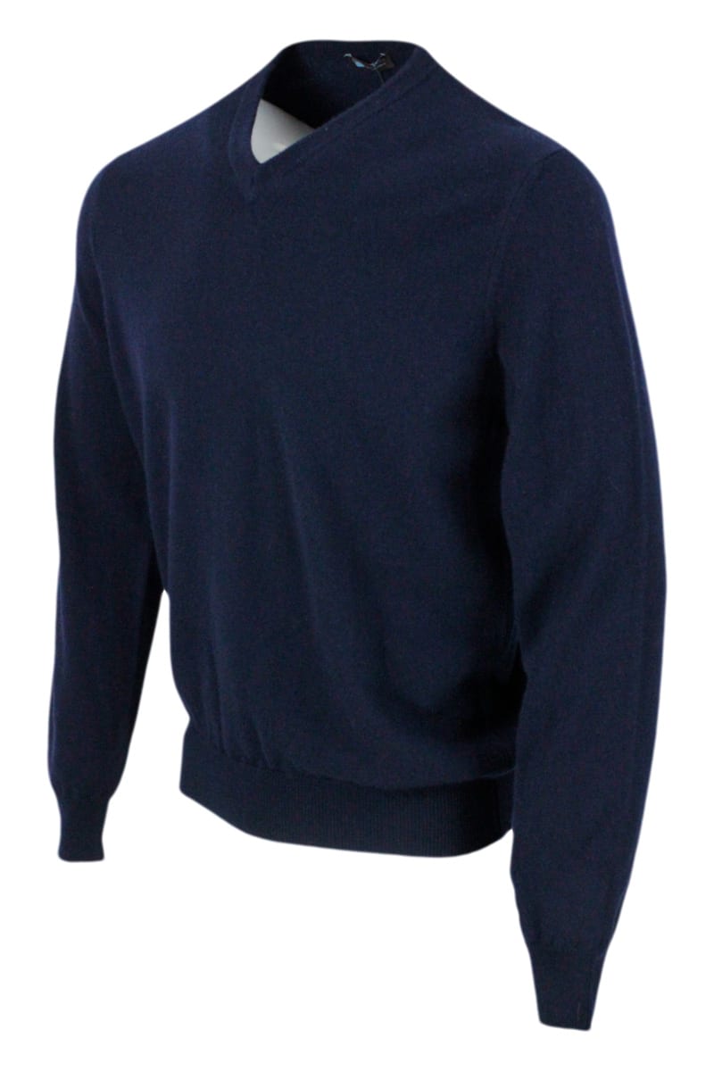 Shop Colombo Long-sleeved V-neck Sweater In Fine 2-ply 100% Kid Cashmere With Special Processing On The Edge Of T In Blu Navy