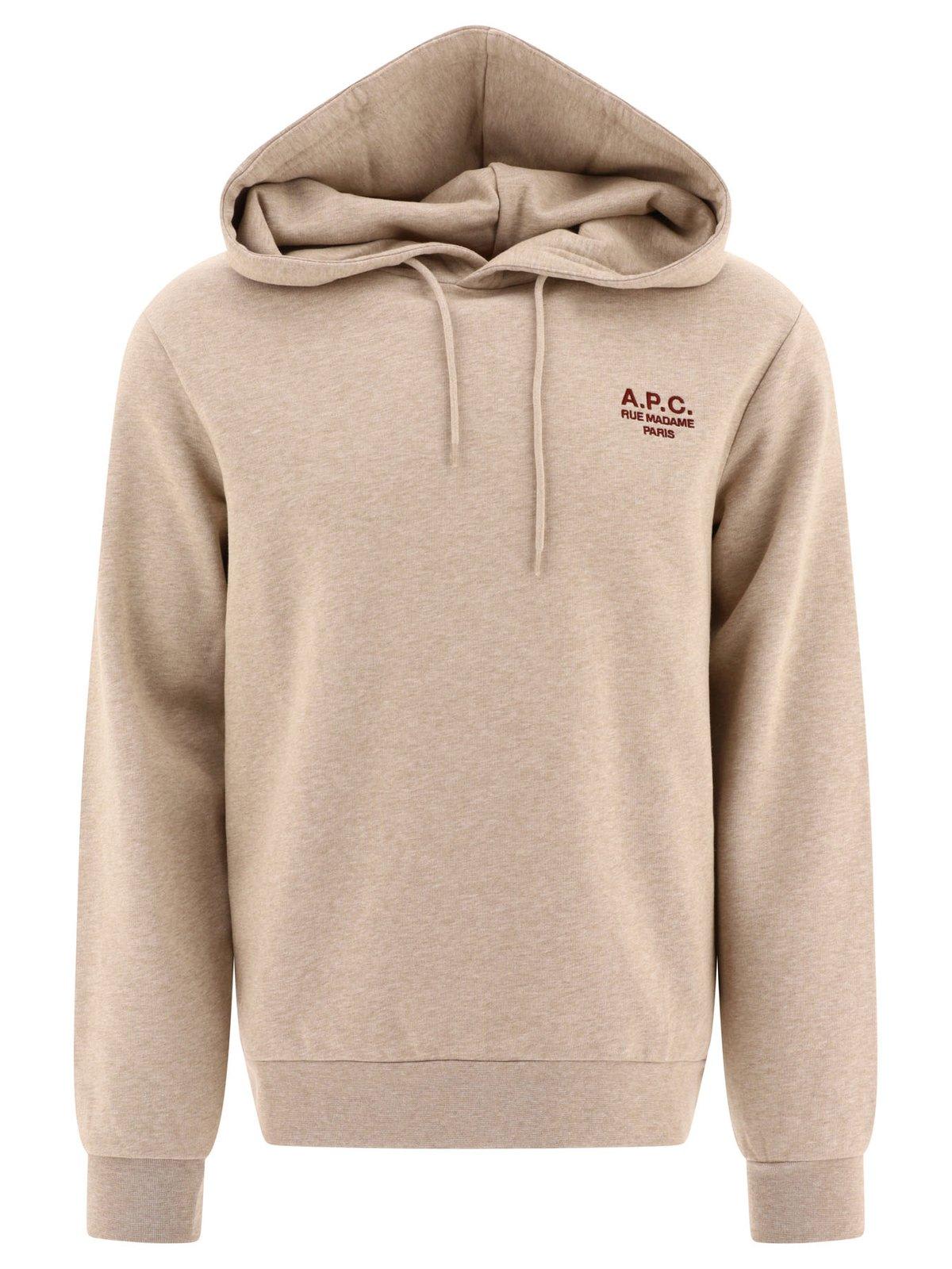 Shop Apc Logo Embroidered Drawstring Hoodie In Beige
