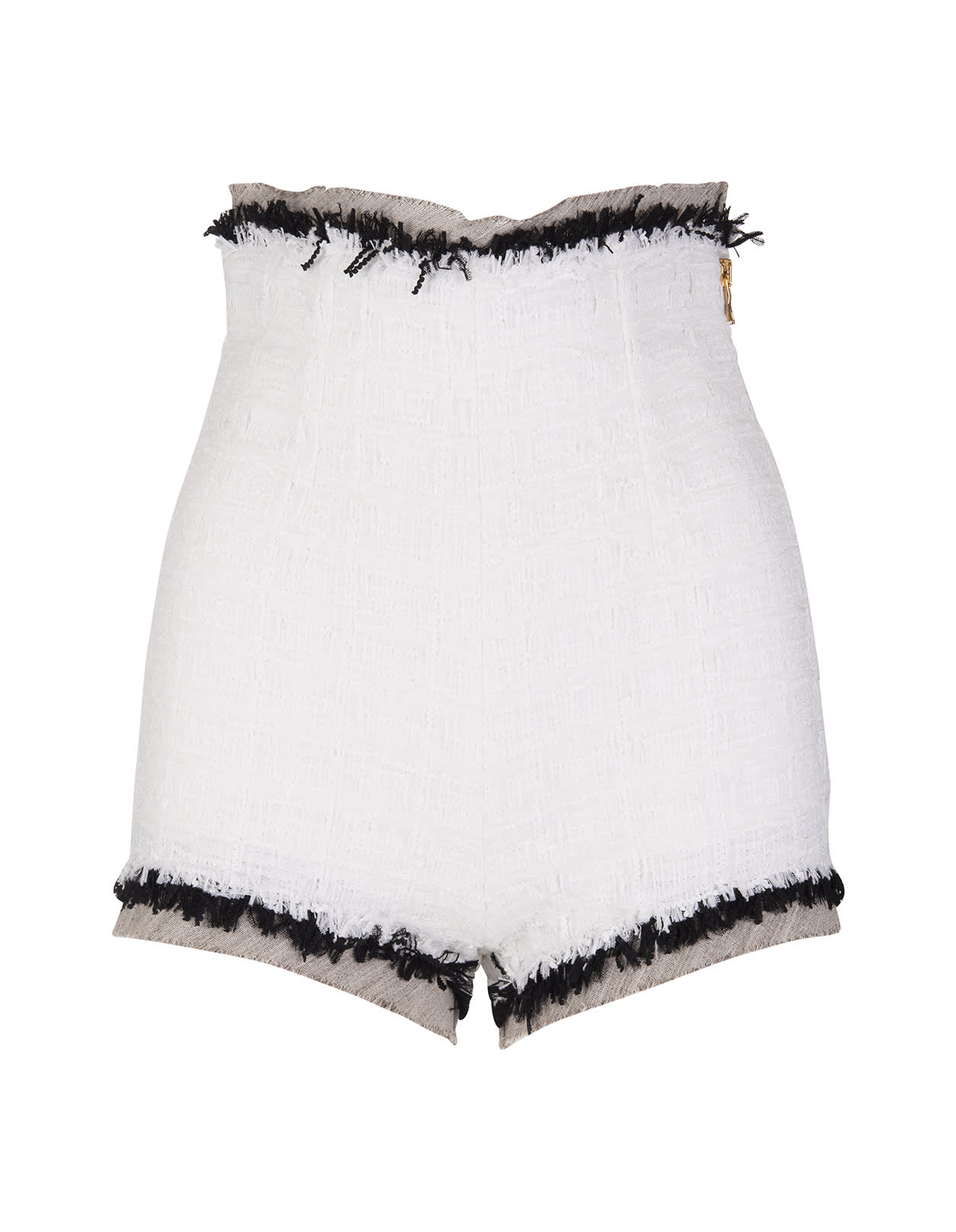 Balmain Woman High Waist Shorts In White Tweed With Contrast Finishes