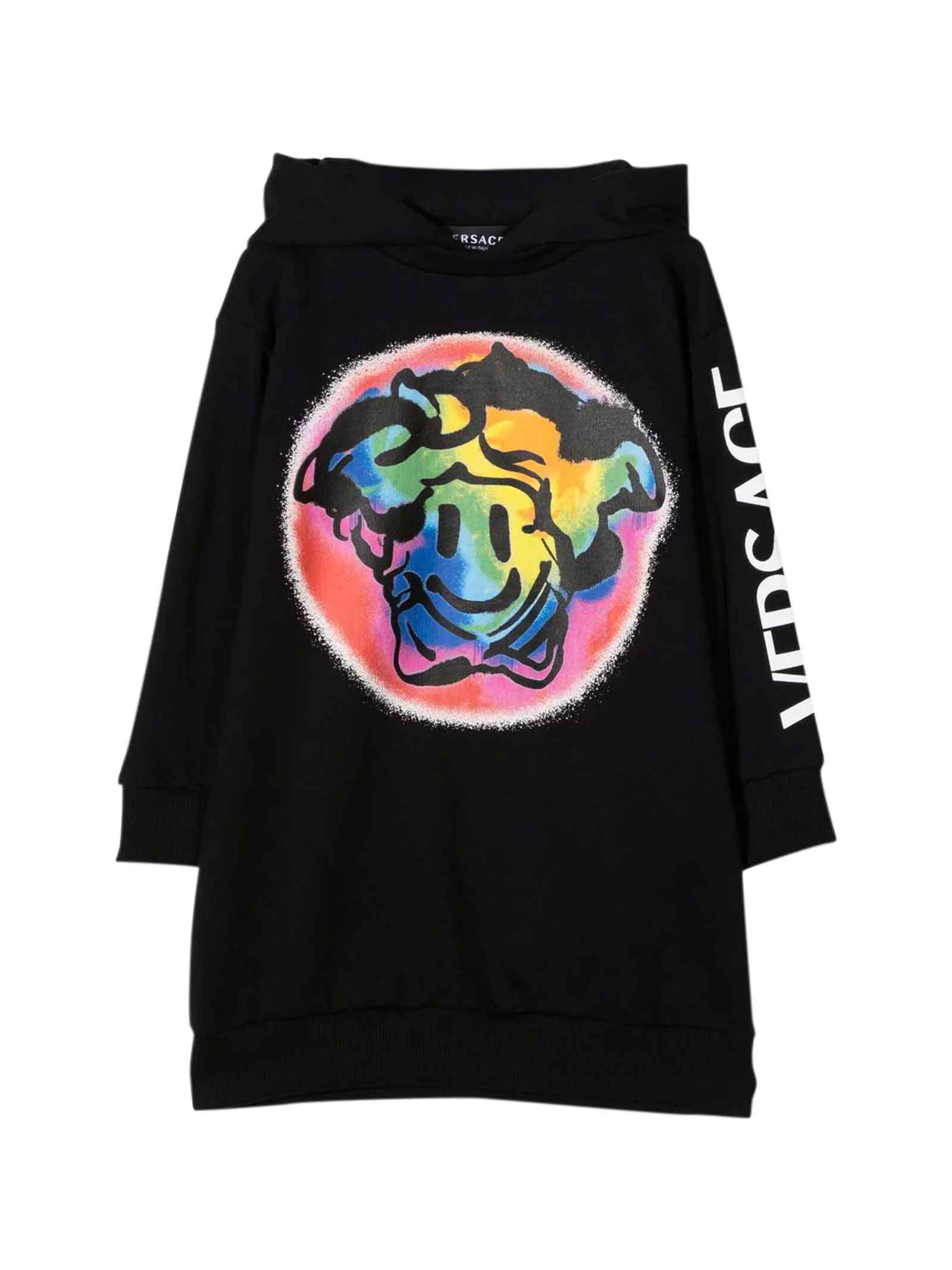 Versace Black Dress With Multicolor Print And Hood Kids