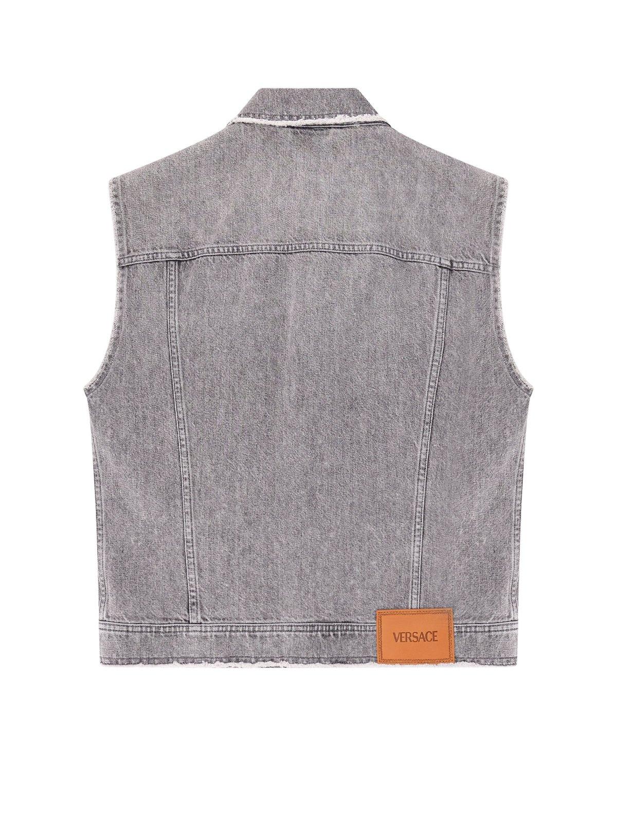 Shop Versace Logo Patch Frayed Denim Gilet In Mid Grey