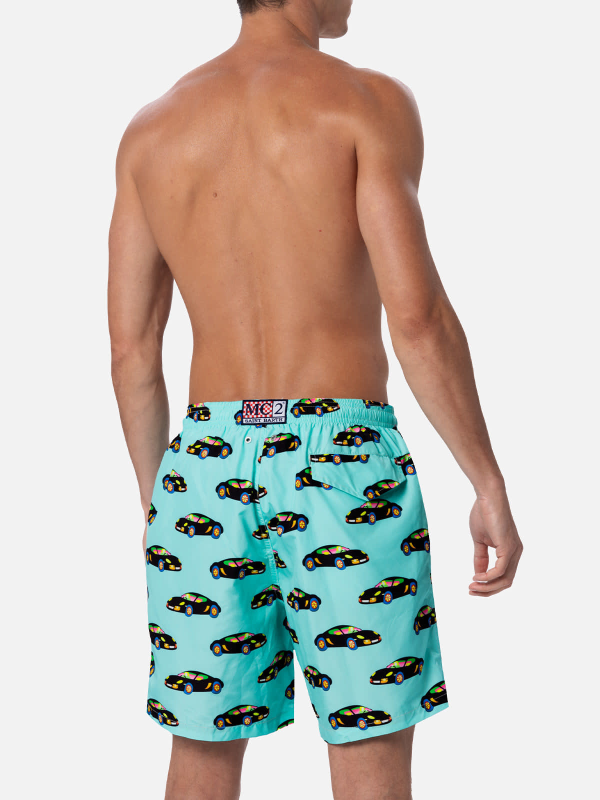 MC2 SAINT BARTH MAN LIGHTWEIGHT FABRIC SWIM-SHORTS LIGHTING WITH LODOLA CAR PRINT MARCO LODOLA SPECIAL EDITION