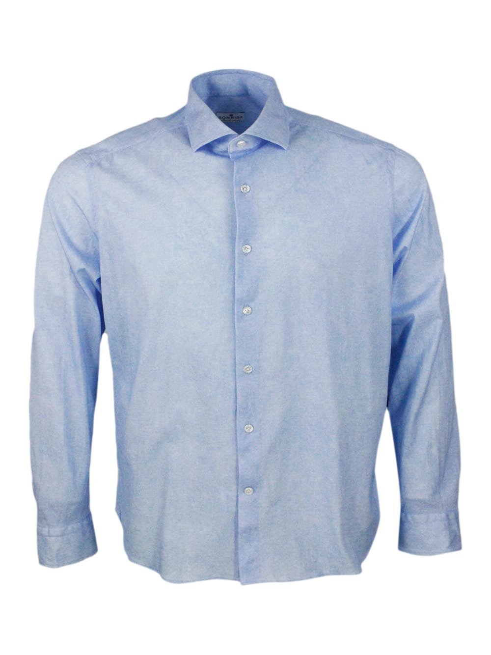 Shop Sonrisa Luxury Shirt In Soft, Precious And Very Fine Stretch Cotton Flower With Spread Collar In Two-tone Me In Light Blu
