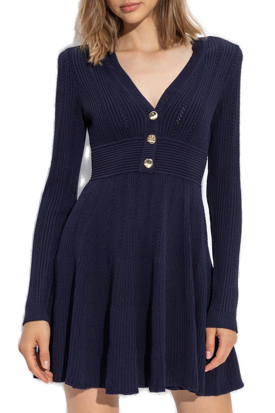 Shop Self-portrait Pointelle Knitted Mini Dress In Blu