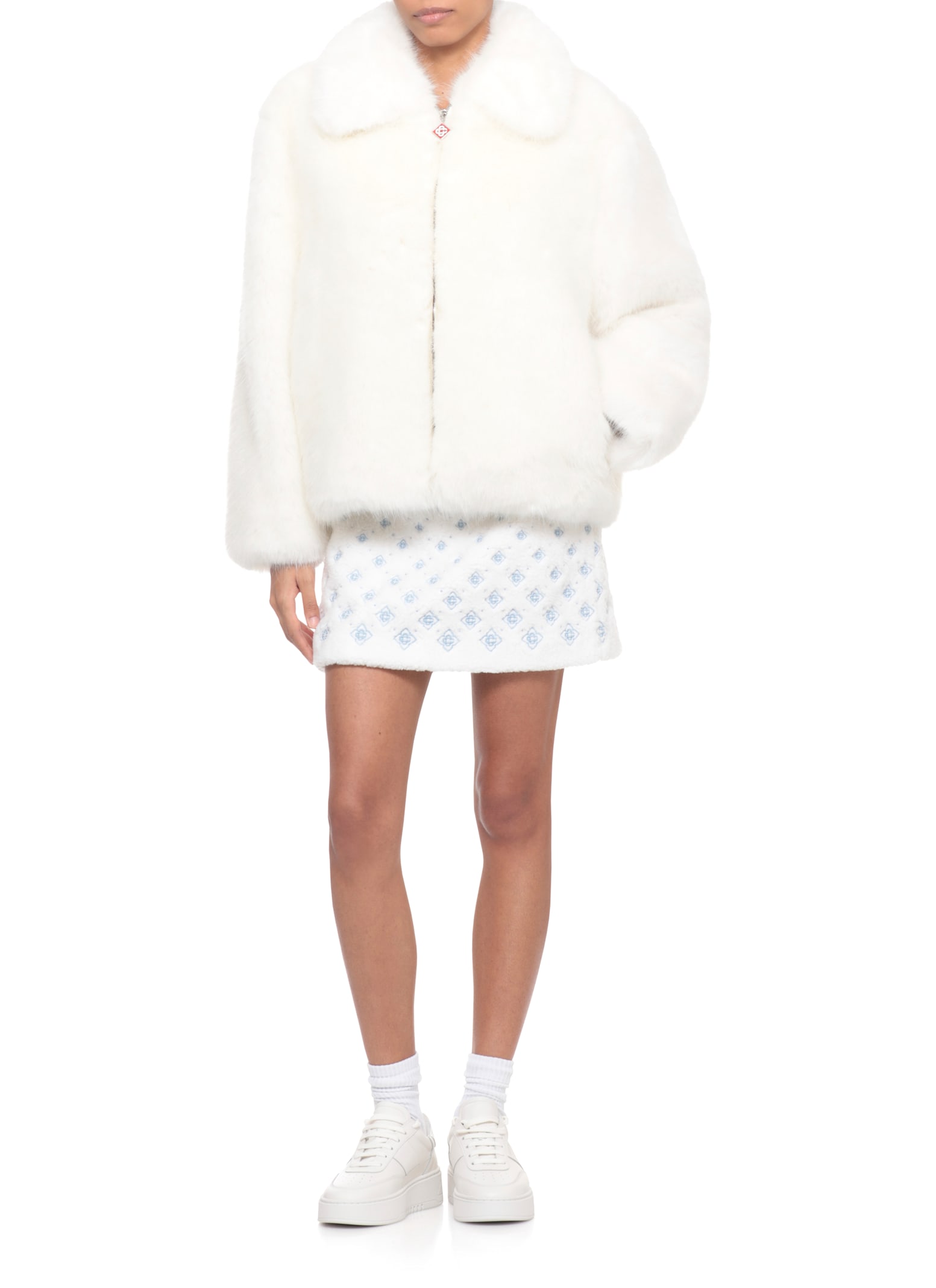 Casablanca Faux Fur Lapel Collar Long Sleeve Coat In White