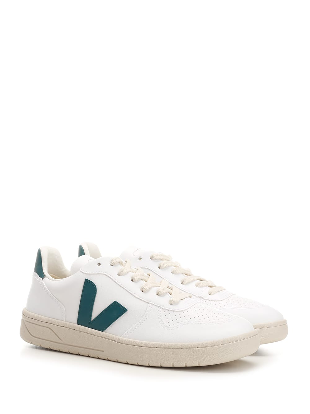 Shop Veja V-10 Sneakers With Green Logo In White Brittany