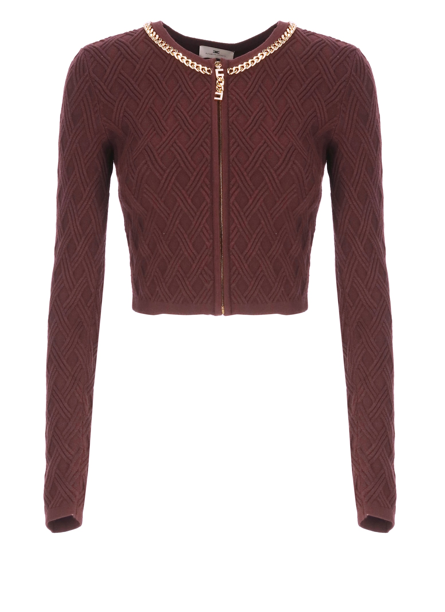 Elisabetta Franchi Bordeaux Textured Geometric Pattern Cardigan In Burgundy