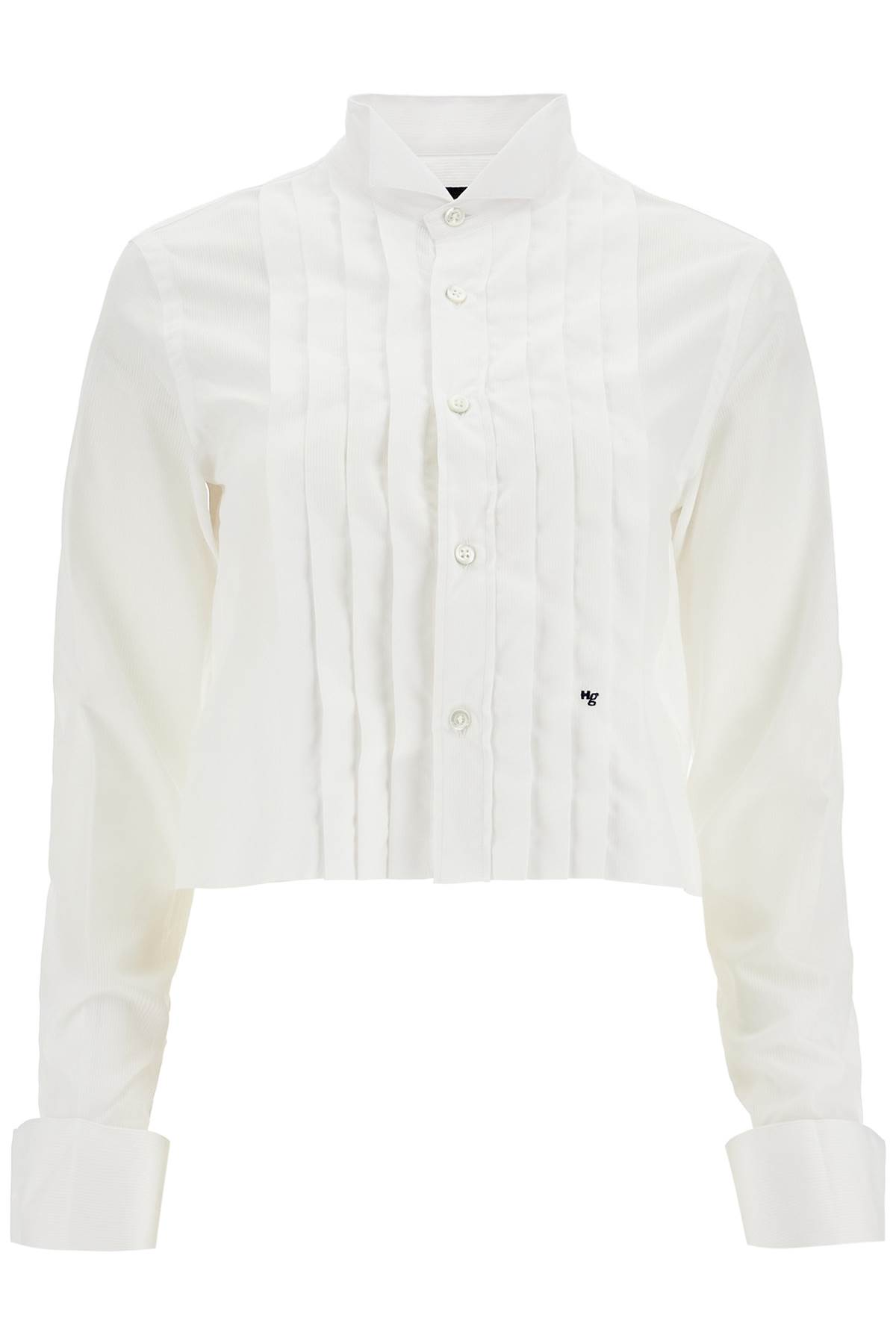 White Cropped Tuxedo Shirt With Wide Neckline