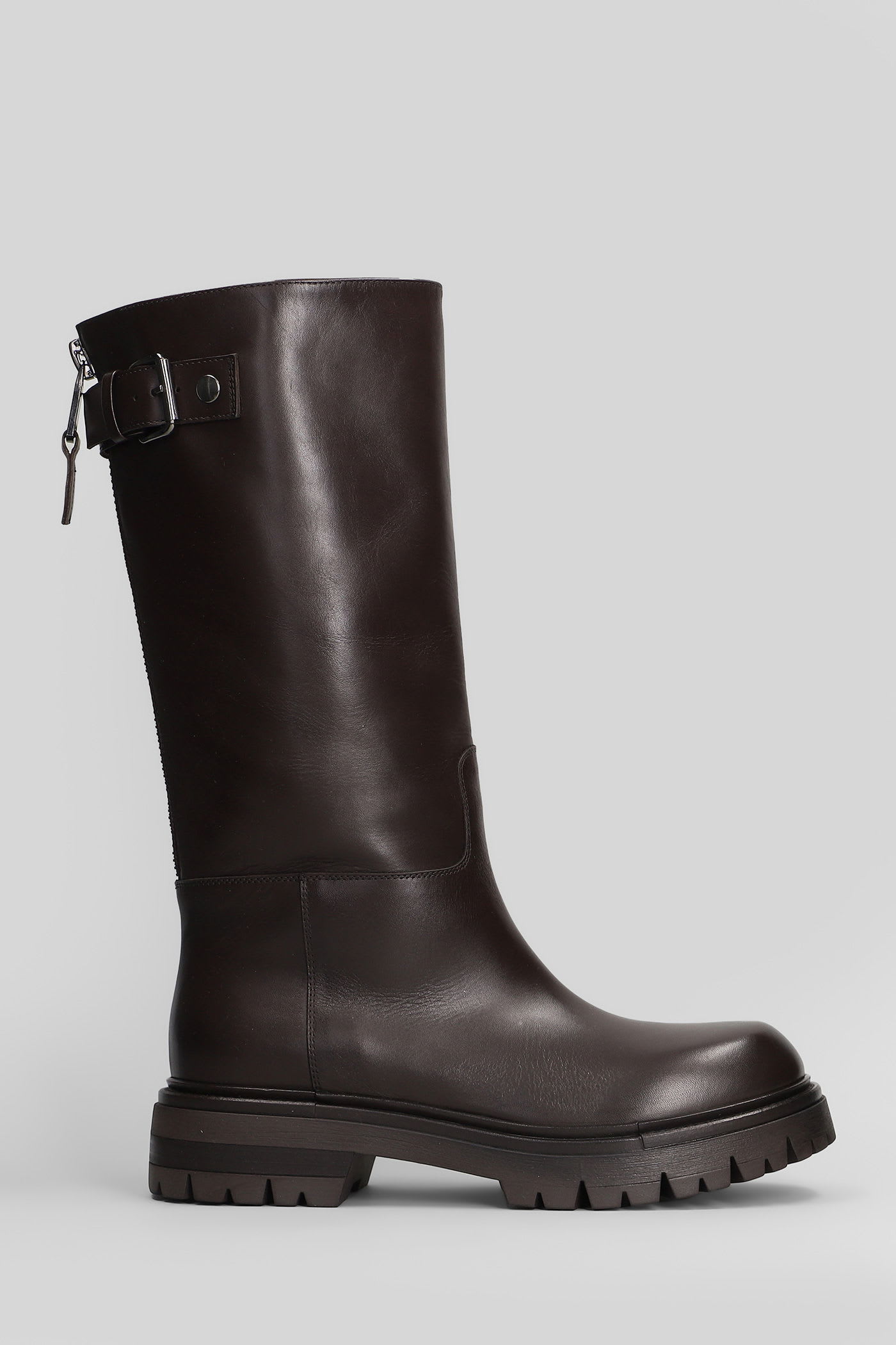 Elena Iachi Low Heels Boots In Dark Brown Leather In Brown