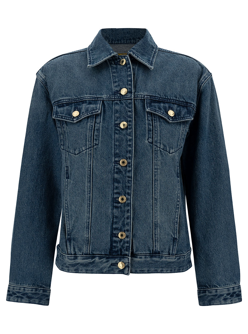 Blue Jacket With Classic Collar And Buttons In Cotton Denim Woman
