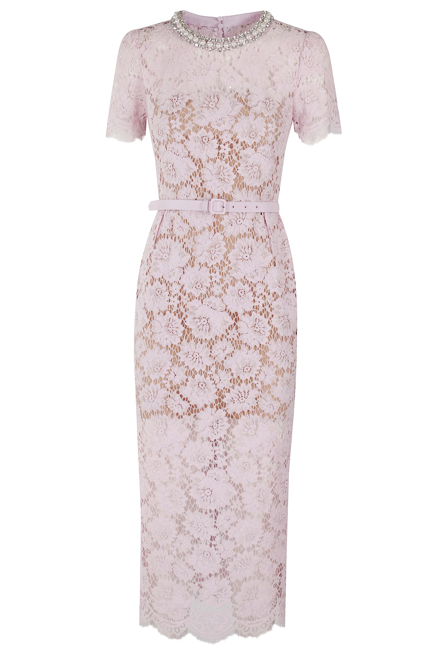 Self-portrait Pink Crewneck Midi Dress With All-over Lace Embroidery And Jewel Embellishment On The Collar In Pink