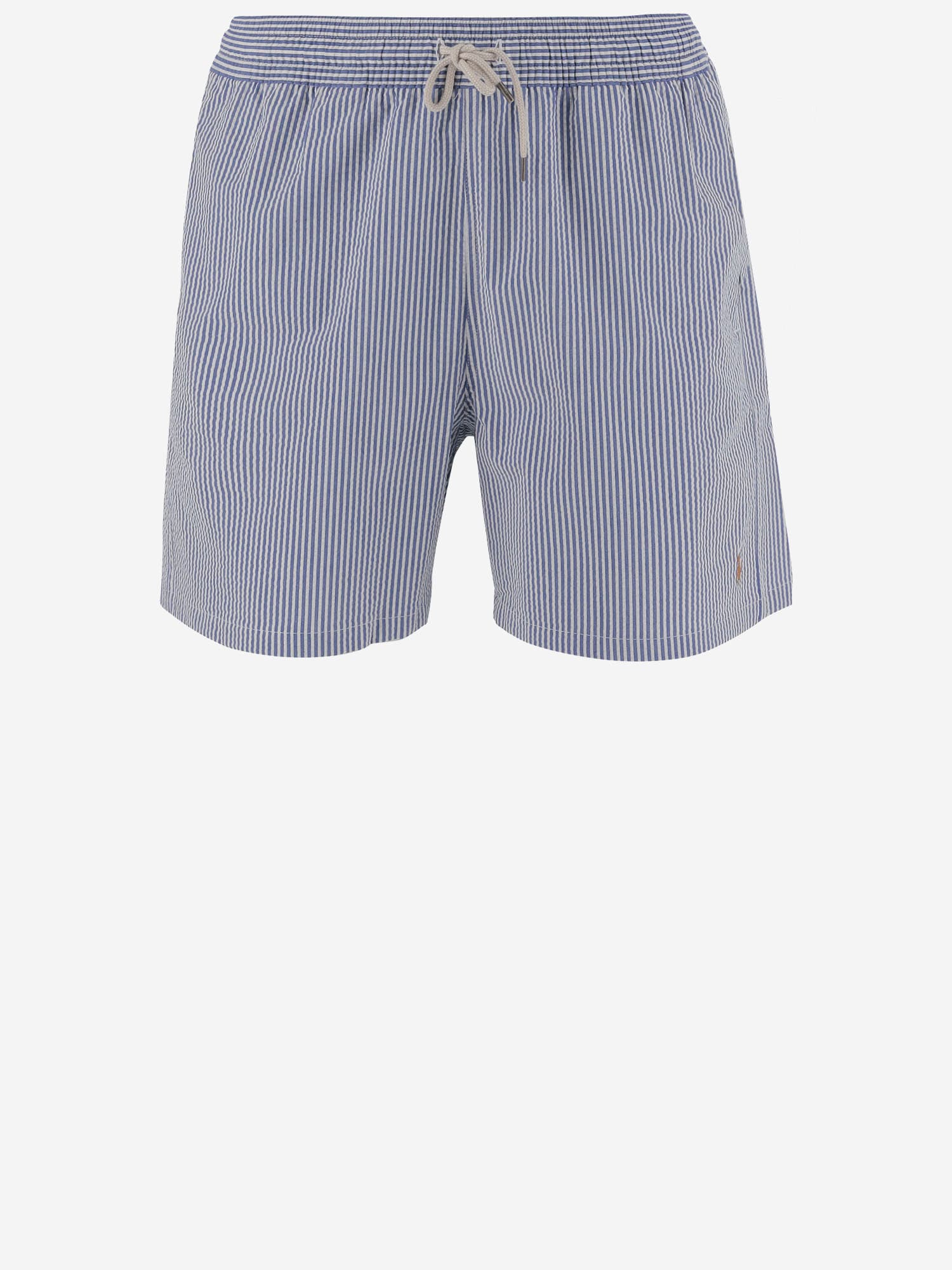 Polo Ralph Lauren Traveler Straight-leg Mid-length Striped Cotton-blend Seersucker Swim Shorts In Red