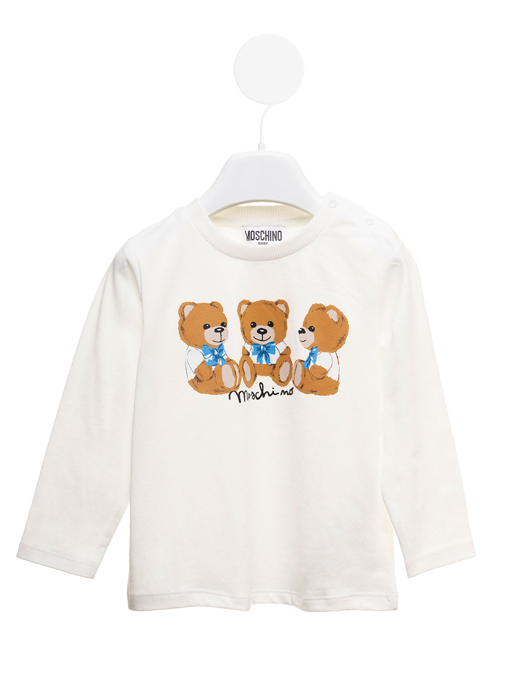 Long-sleeved White Cotton T-shirt With Teddy Bear Print Moschino Kids Baby Boy