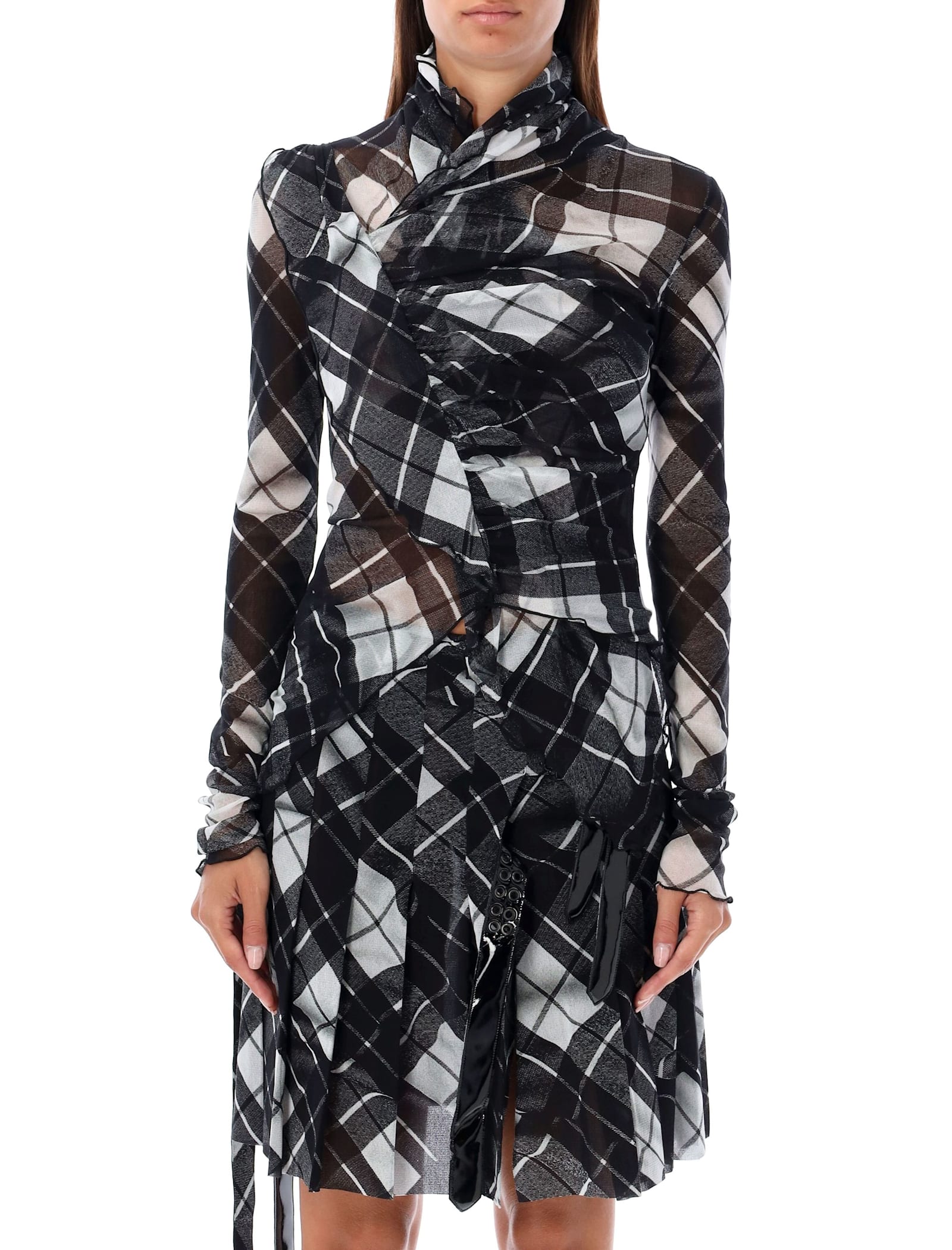 Shop Jean Paul Gaultier Mesh Draped Tartan Top In Black Grey White