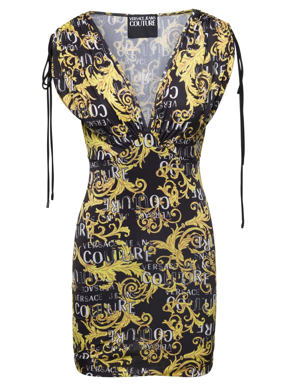 VERSACE JEANS COUTURE MULTICOLOR V NECK MINI DRESS WITH ALL-OVER COUTURE LOGO PRINT IN POLYESTER WOMAN VERSACE JEANS COUTU