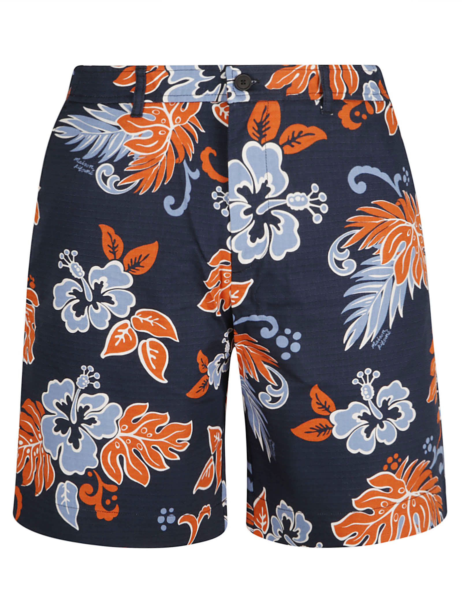 Shop Maison Kitsuné Logo Patched Floral Print Board Shorts In Deep Navy