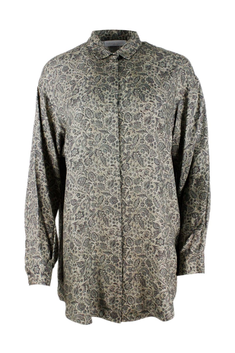 Fabiana Filippi Imitation Silk Shirt With Flower Print With Small Collar And Button Closure