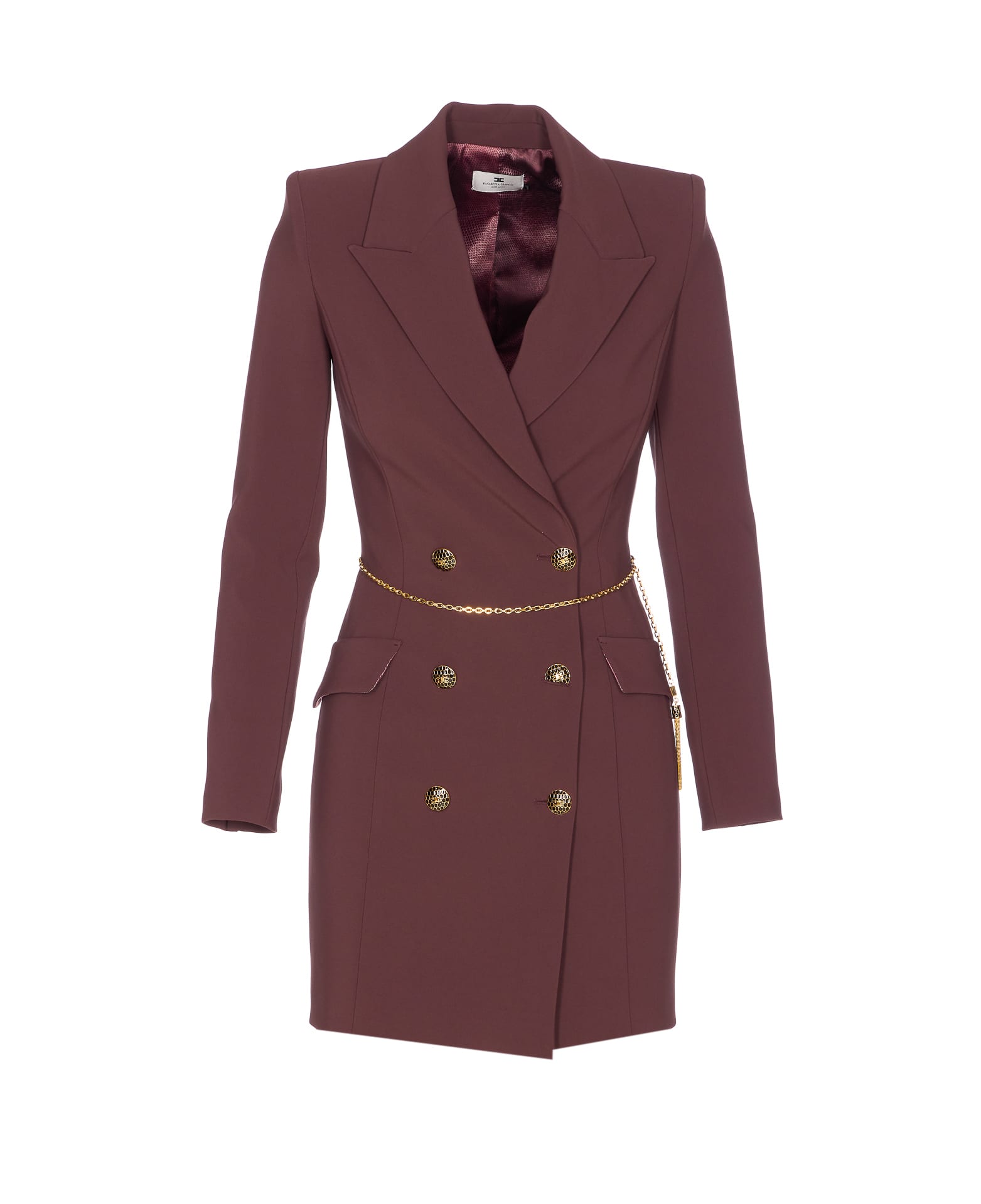 Elisabetta Franchi Midi Dress With Long Sleeves And Chain In Burgundy