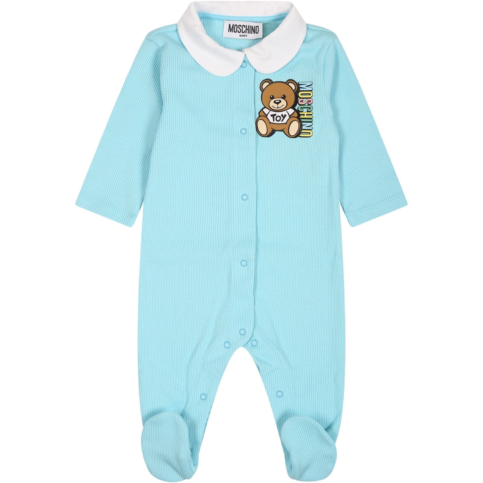 Moschino Light Blue Babygrow For Baby Boy With Teddy Bear And Logo