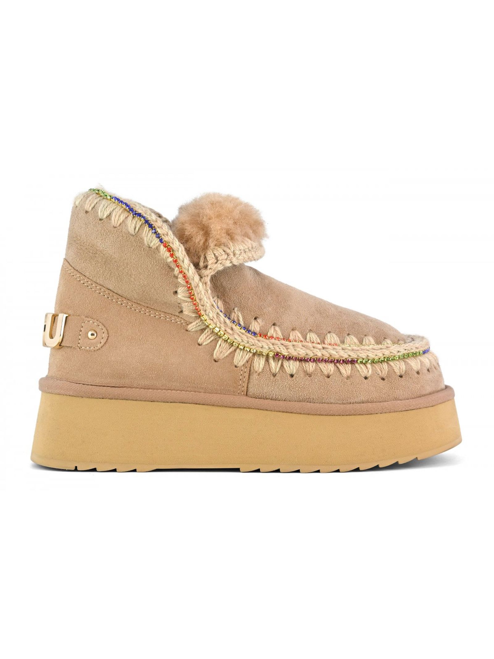 Shop Mou Eskimo 18 Platform Rhinestones Camel Suede In Beige