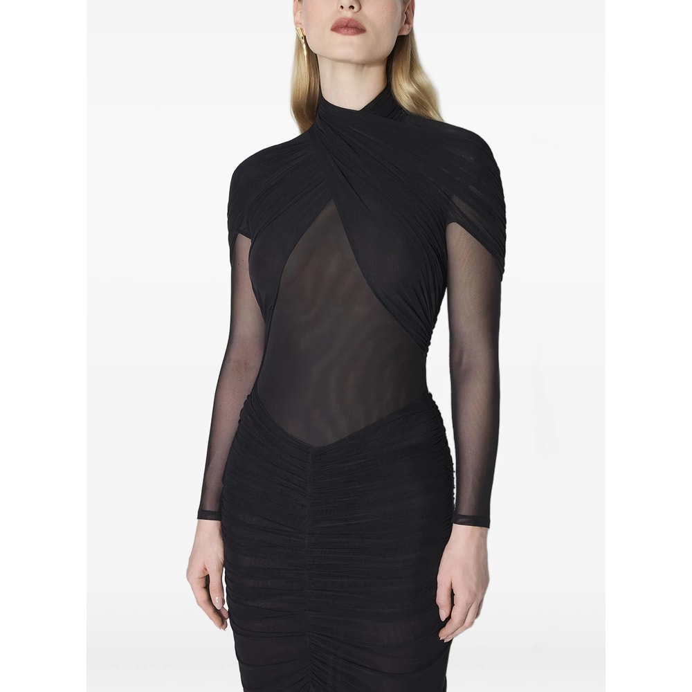 Mugler Long Sleeve Draped High Neck Top In Black