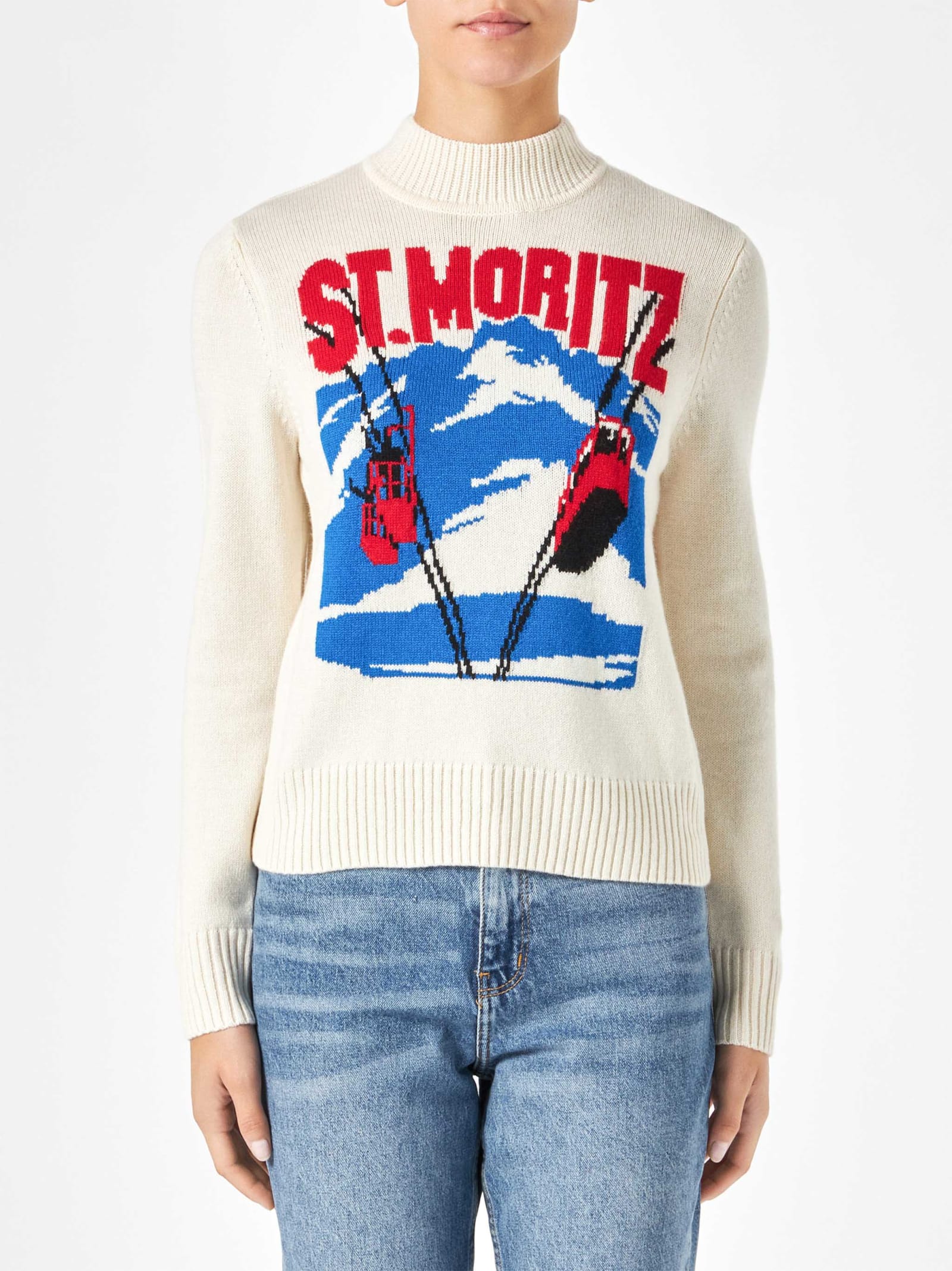 Mc2 Saint Barth Woman Crewneck Sweater With St.moritz Postcard In White