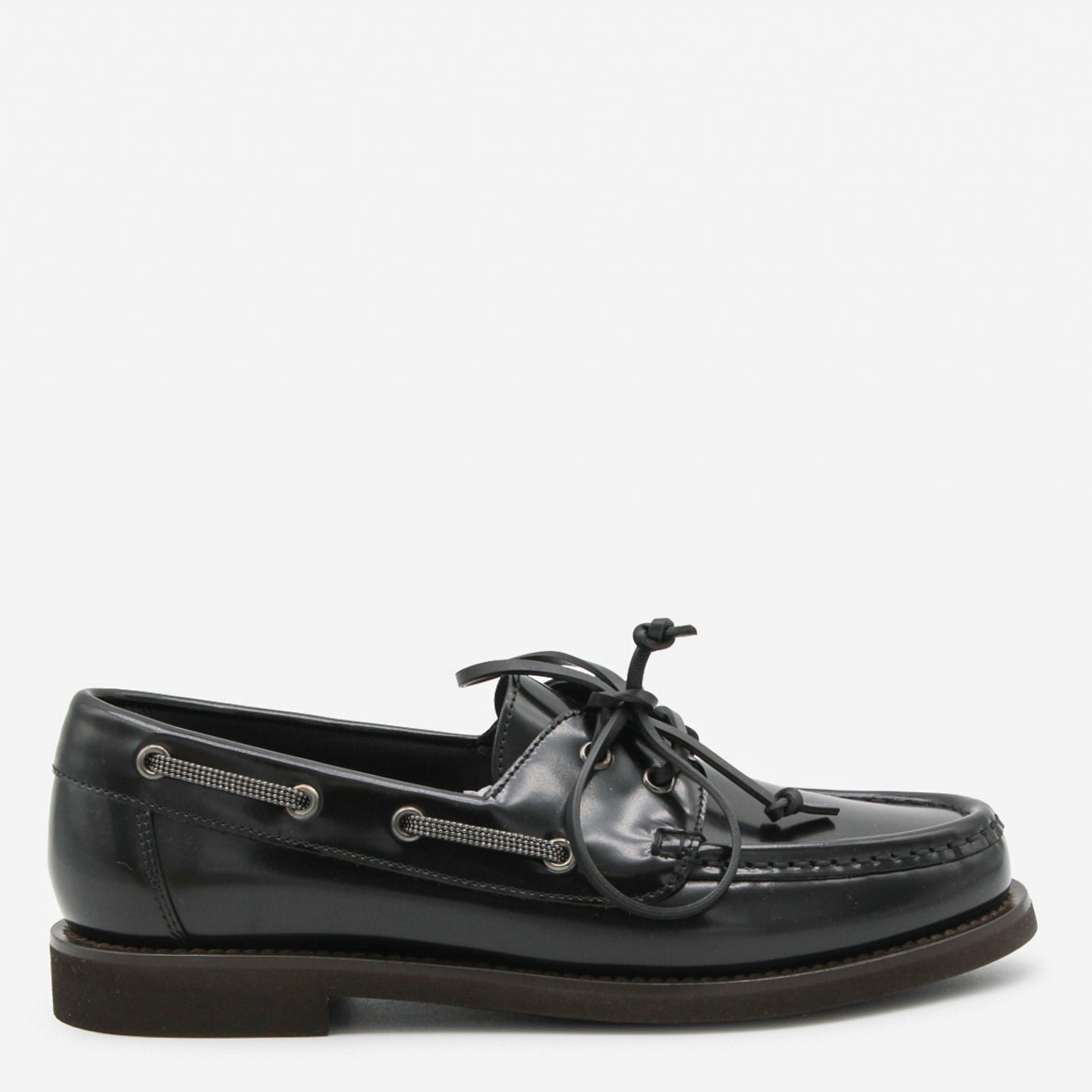 Brunello Cucinelli Glossy Loafers Featuring Metal Eyelets In Black