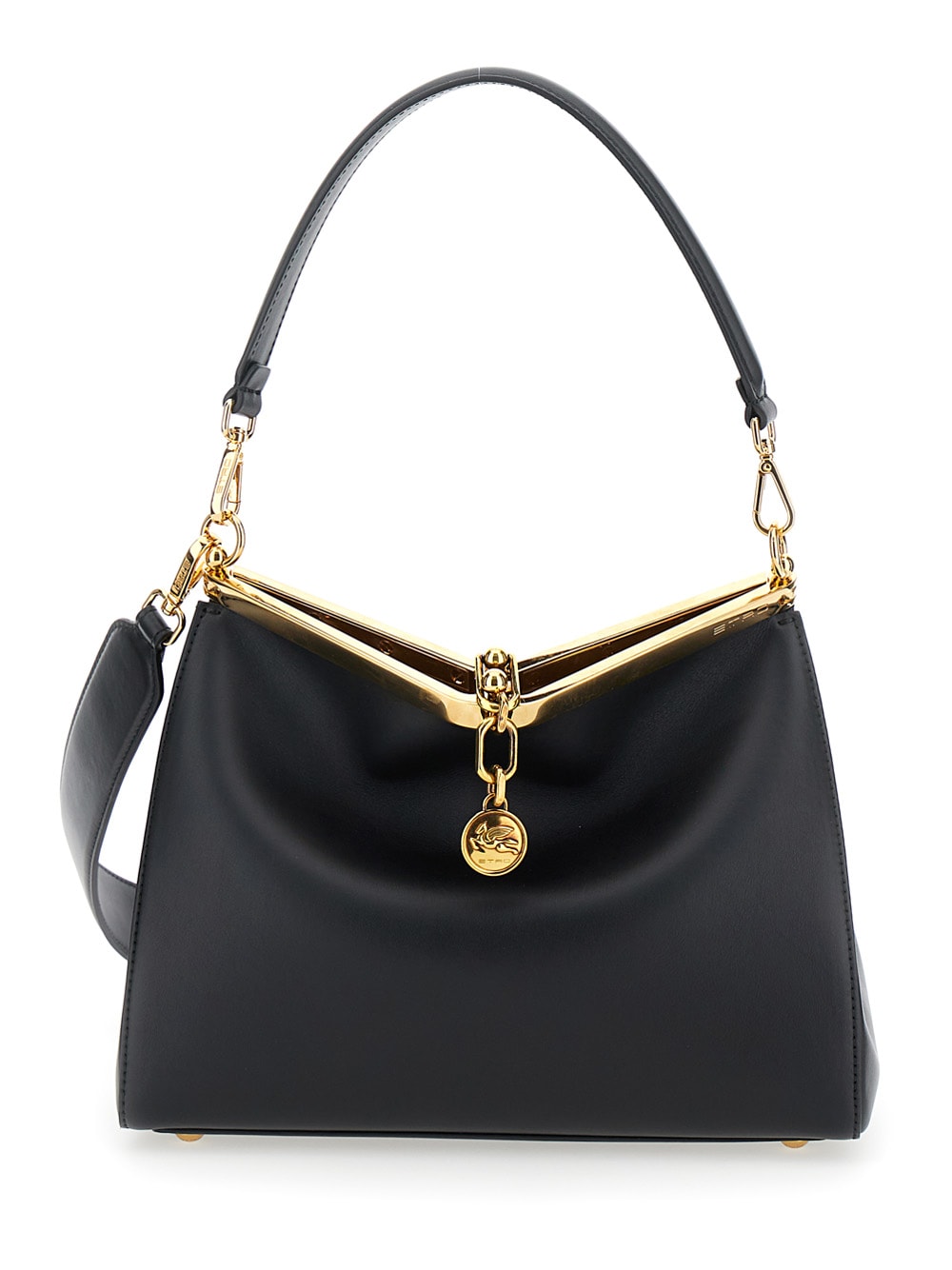 Shop Etro Medium Vela Black Shoulder Bag With Logo And Pegasus Charm In Leather Woman