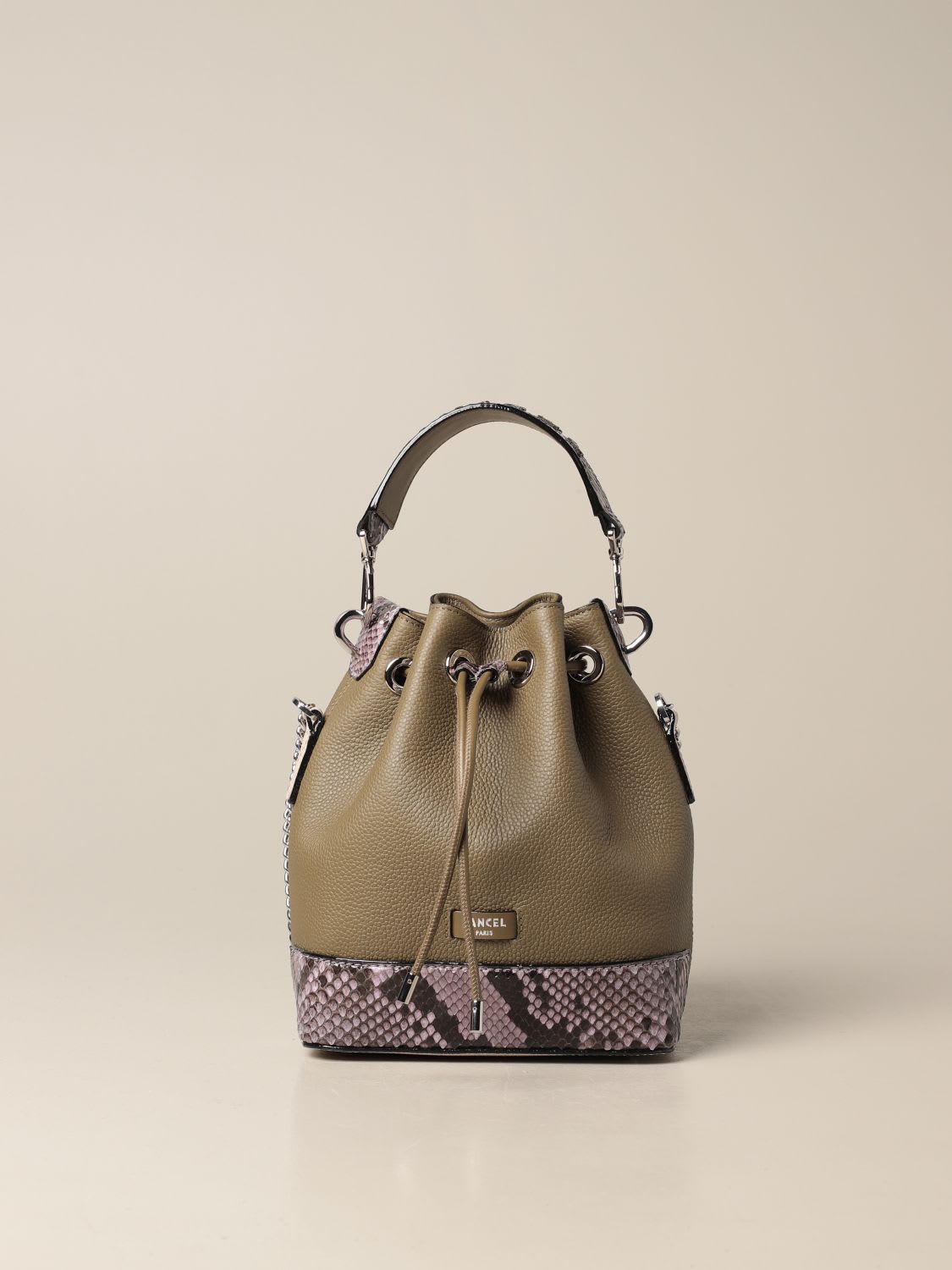 Lancel Bucket Bag In Hammered Leather And Python Leather In Kaki