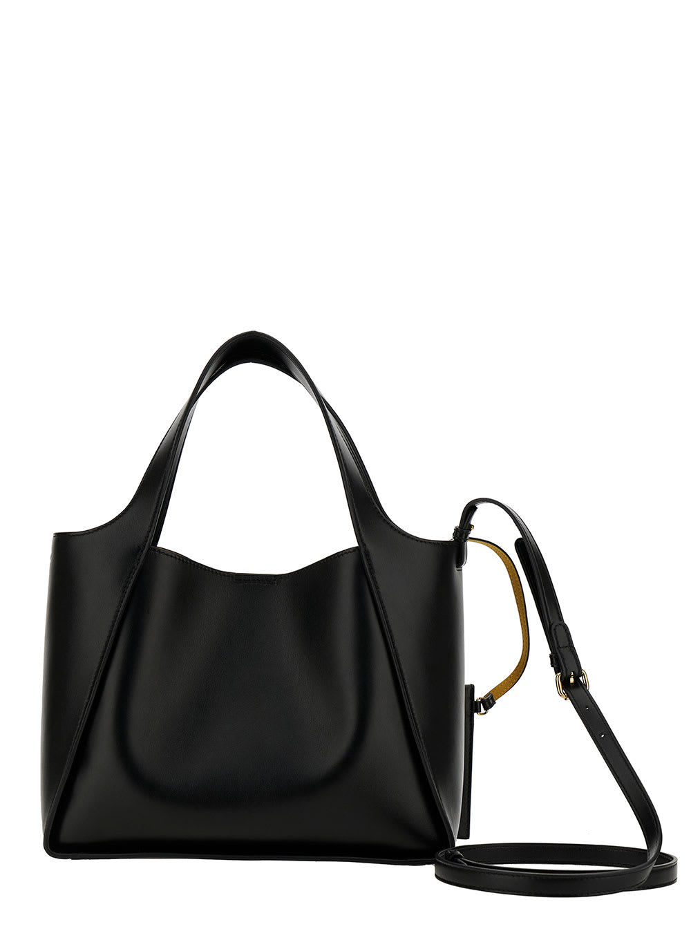 Shop Stella Mccartney Black Tote Bag With Perforated Logo Lettering Detail At The Front In Faux Leather Woman