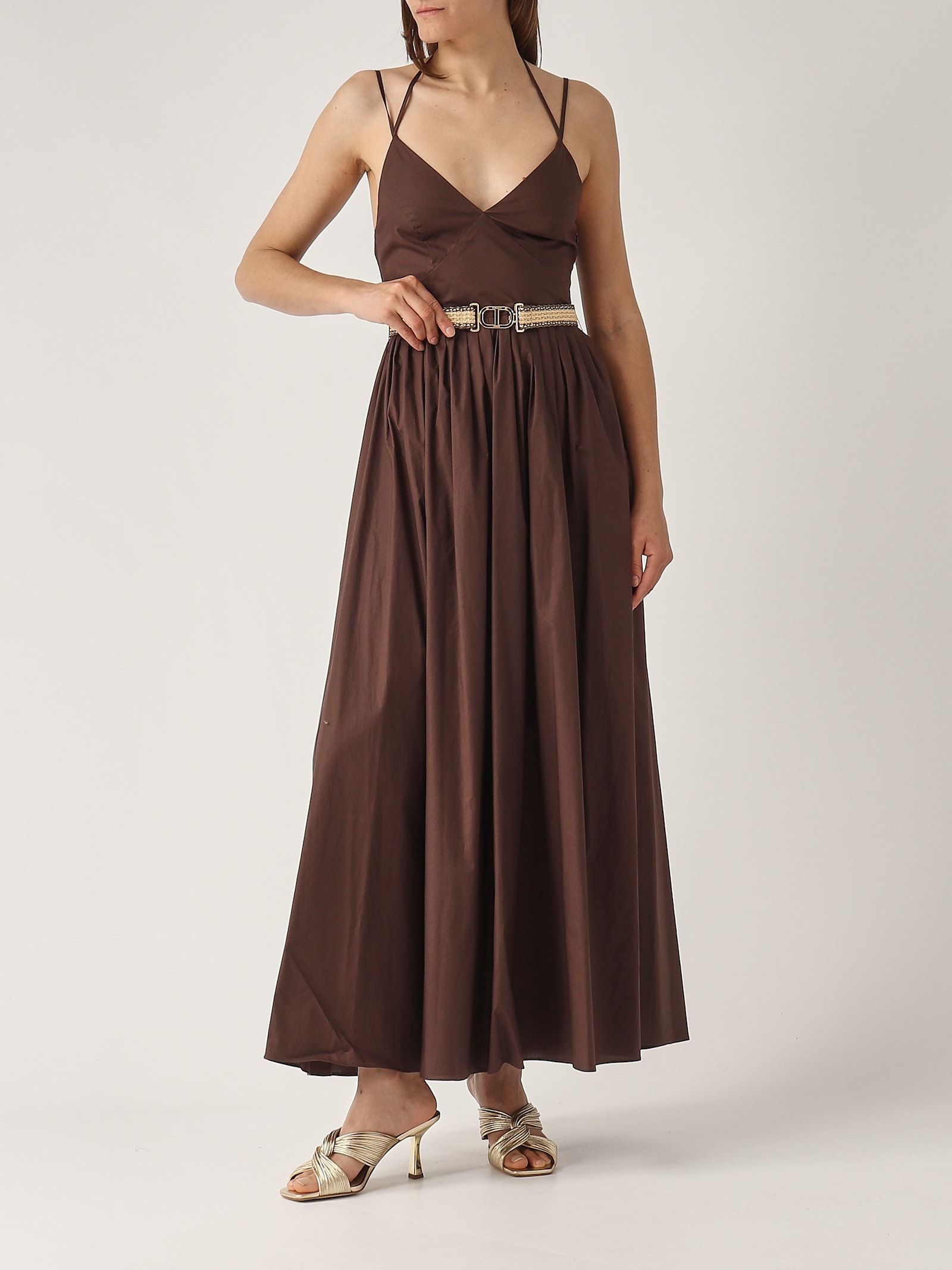 Twinset Coffee Brown Cotton Blended Long Dress With Belt Waist In Caffe