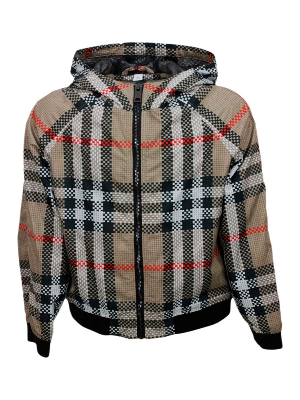 Shop Burberry Lightweight Windproof Jacket In Technical Fabric With Hood And Zip Closure In  New Check In Check Beige