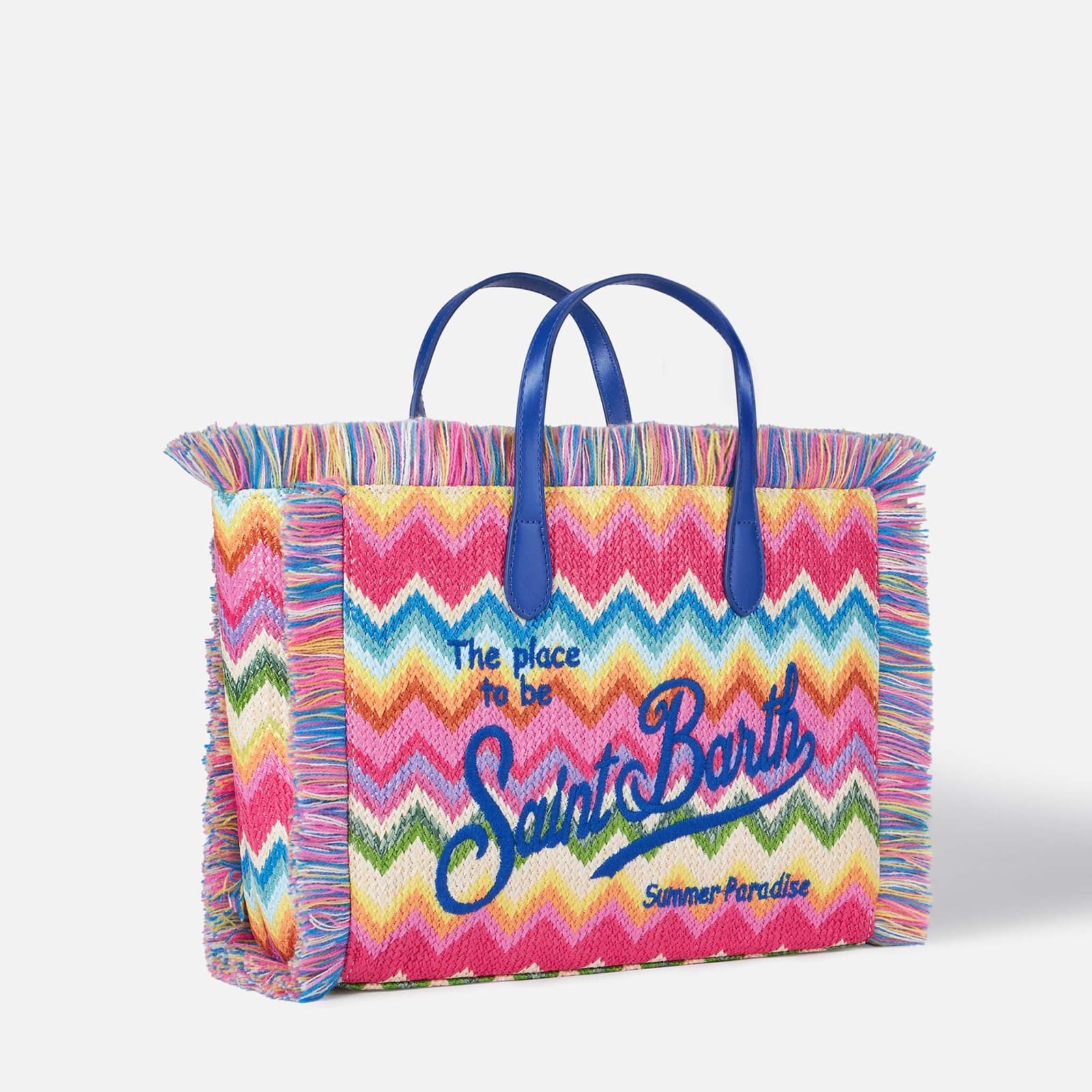 Shop Mc2 Saint Barth Colette Multicolor Straw Handbag With Embroidery And Geometric Pattern In Pink