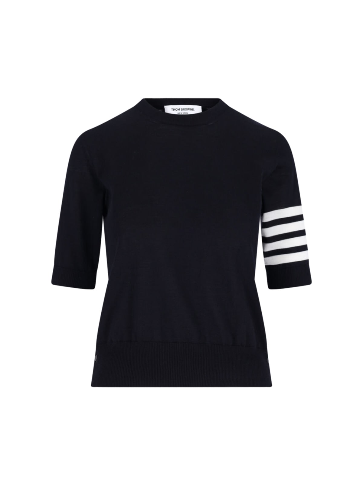 Thom Browne Short-sleeve Crewneck Sweater With Four-bar Detail In Blue