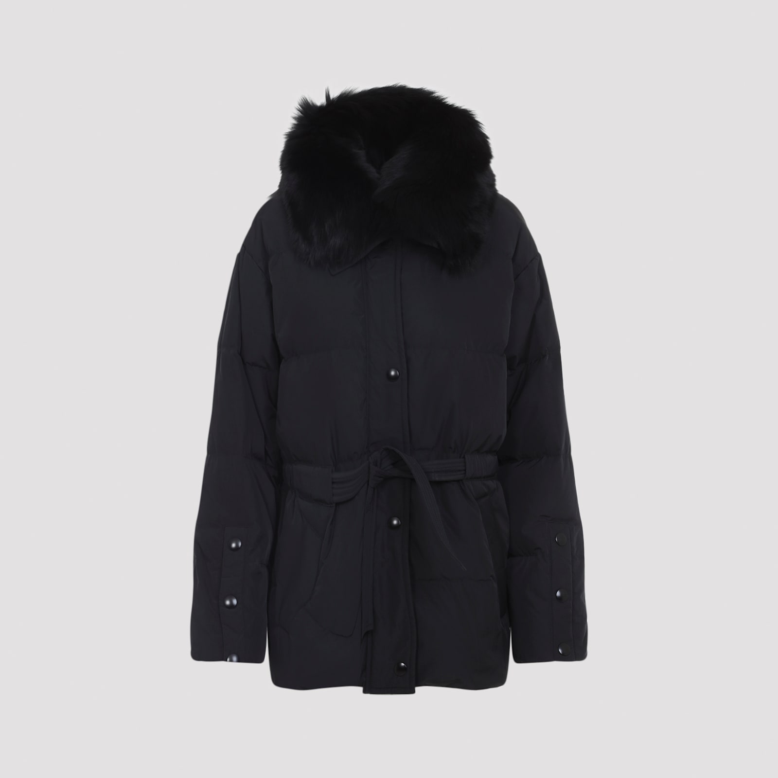 Yves Salomon Doudoune Short Down Jacket With Fur Inserts And Belt In Black