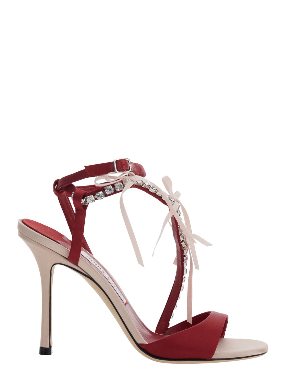 Jimmy Choo Lula Red Heeled Sandals With Crystal Straps And Shaped Bows In Satin Woman In Pink