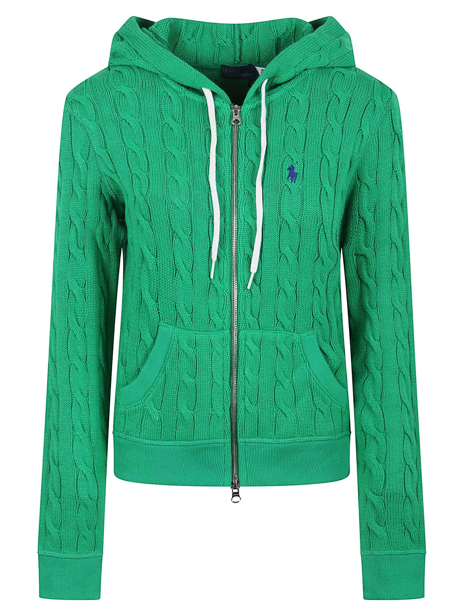 Polo Ralph Lauren Textured Cable Knit Hoodie With Full Zip Closure In Bright Clover