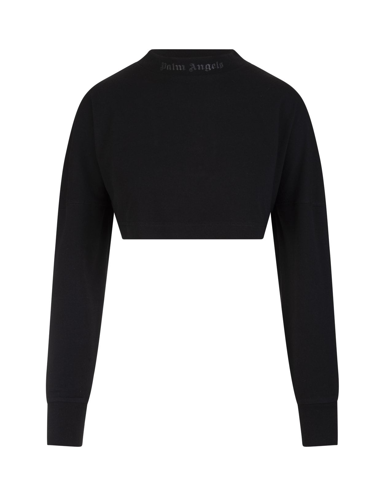 Palm Angels Woman Long Sleeves Black Crop T-shirt With Strass Logo