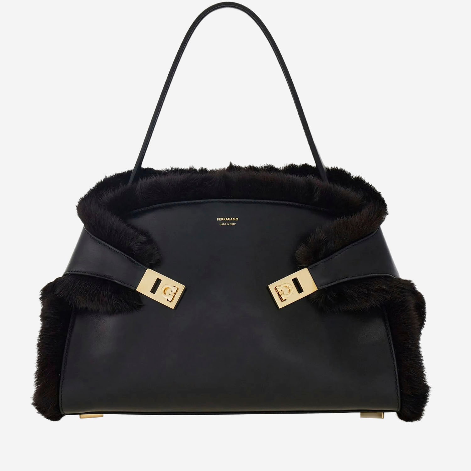 Ferragamo Hug Shearling-trimmed Leather Shoulder Bag In Black