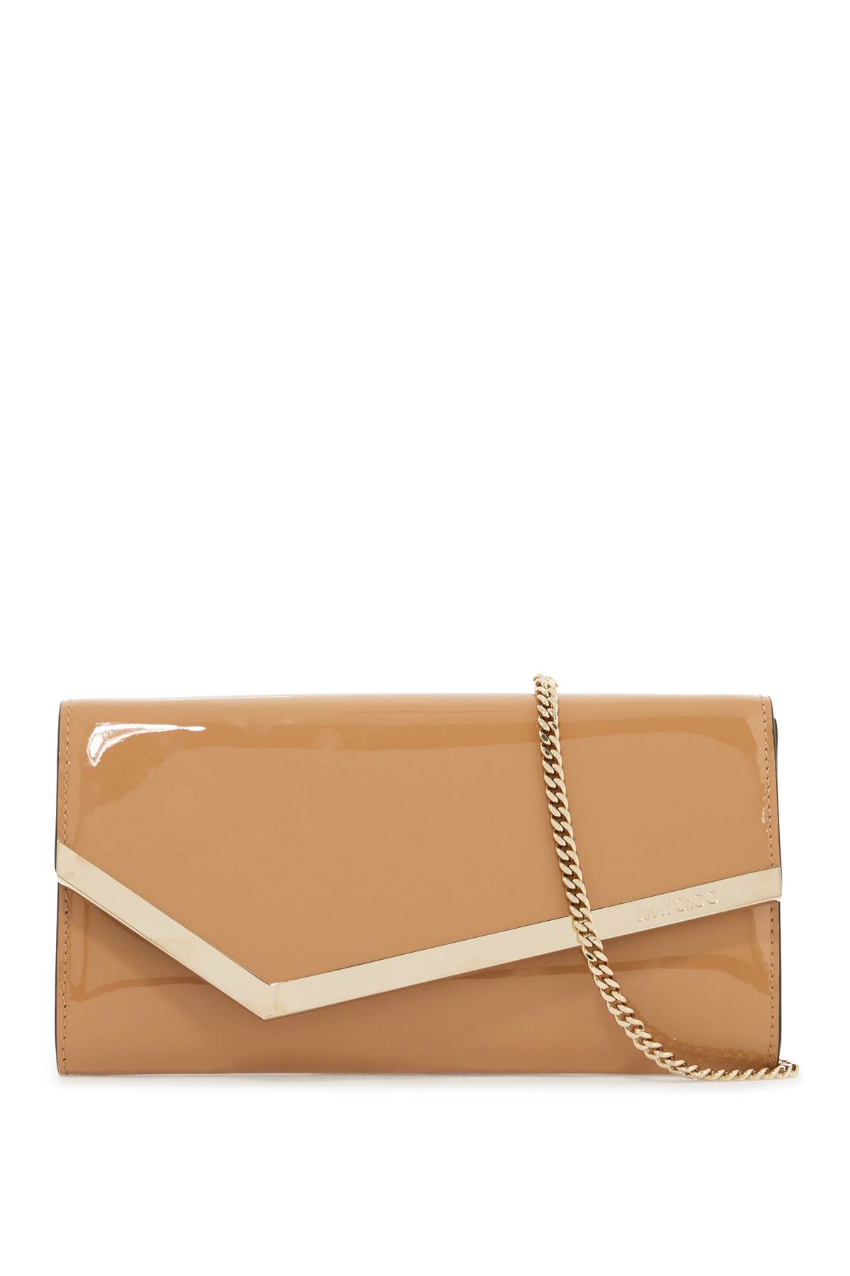 Shop Jimmy Choo Patent Leather Emmie Clutch In Biscuit Light Gold (brown)