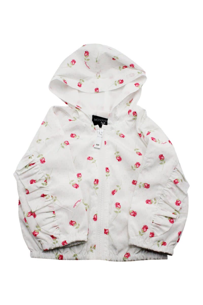 Monnalisa Nylon K-way Jacket With Zip And Hood With Rose Print