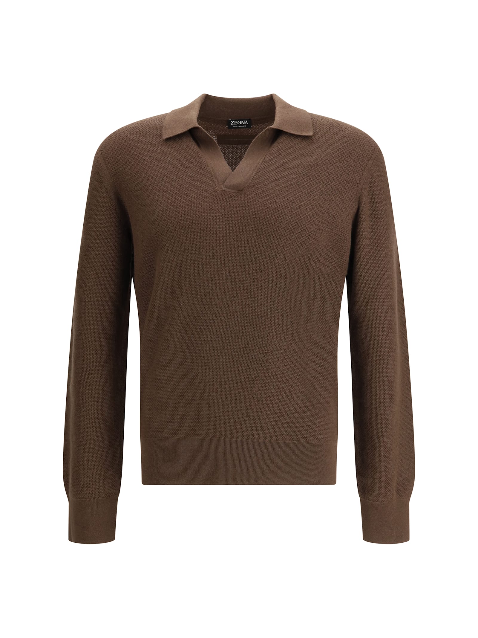 Zegna Cashmere Polo Sweater Textured Knit In Brown