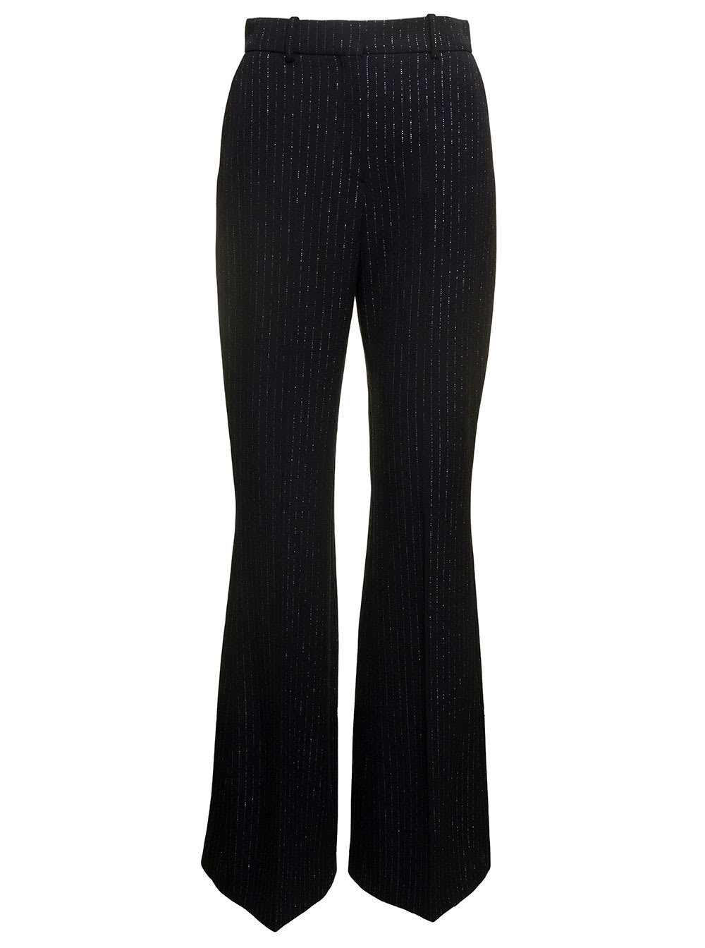 Shop Balmain Black Striped Flare Pants With Lurex Detail In Wool Woman In Black/grey
