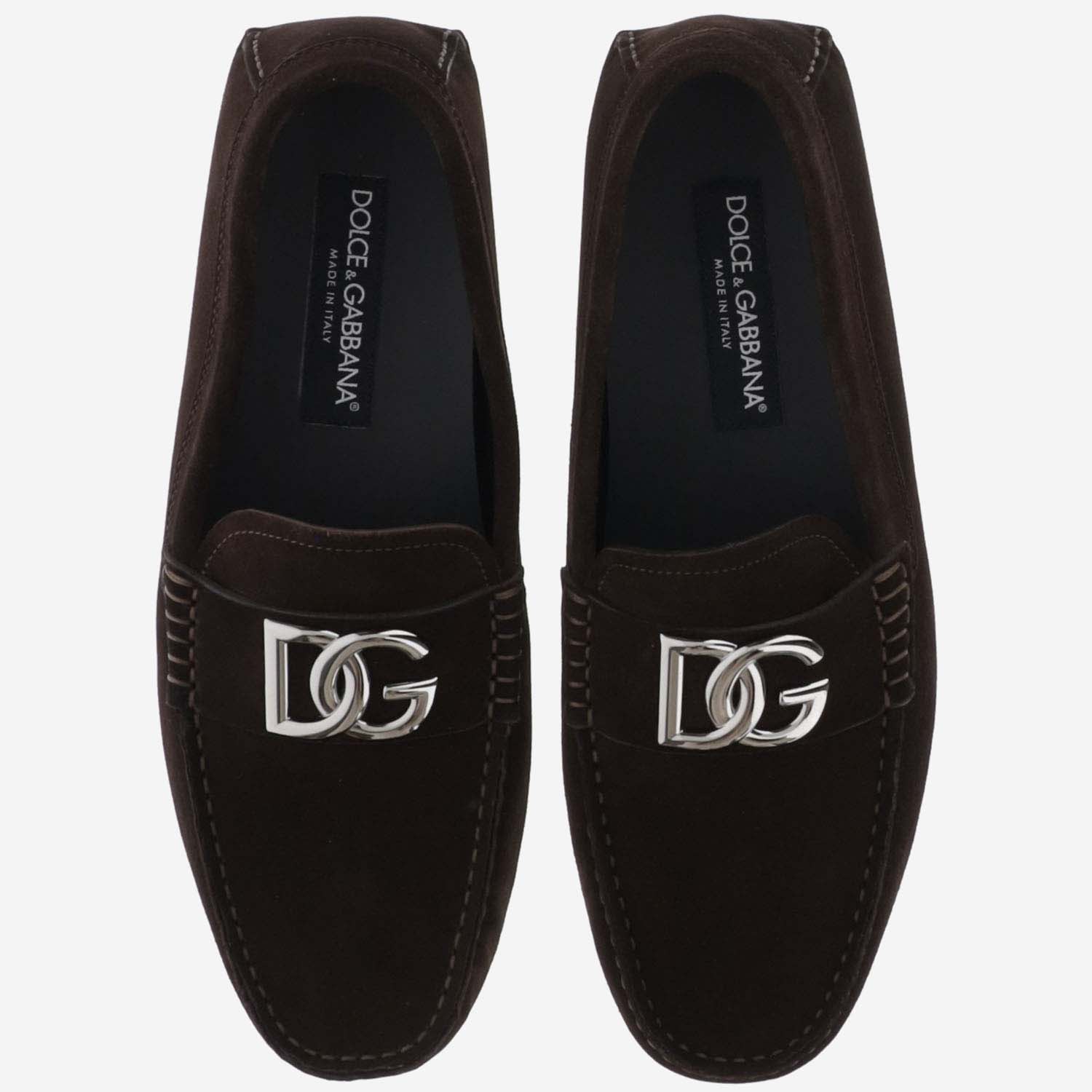 Shop Dolce & Gabbana Suede Loafers With Logo In Ebano 1