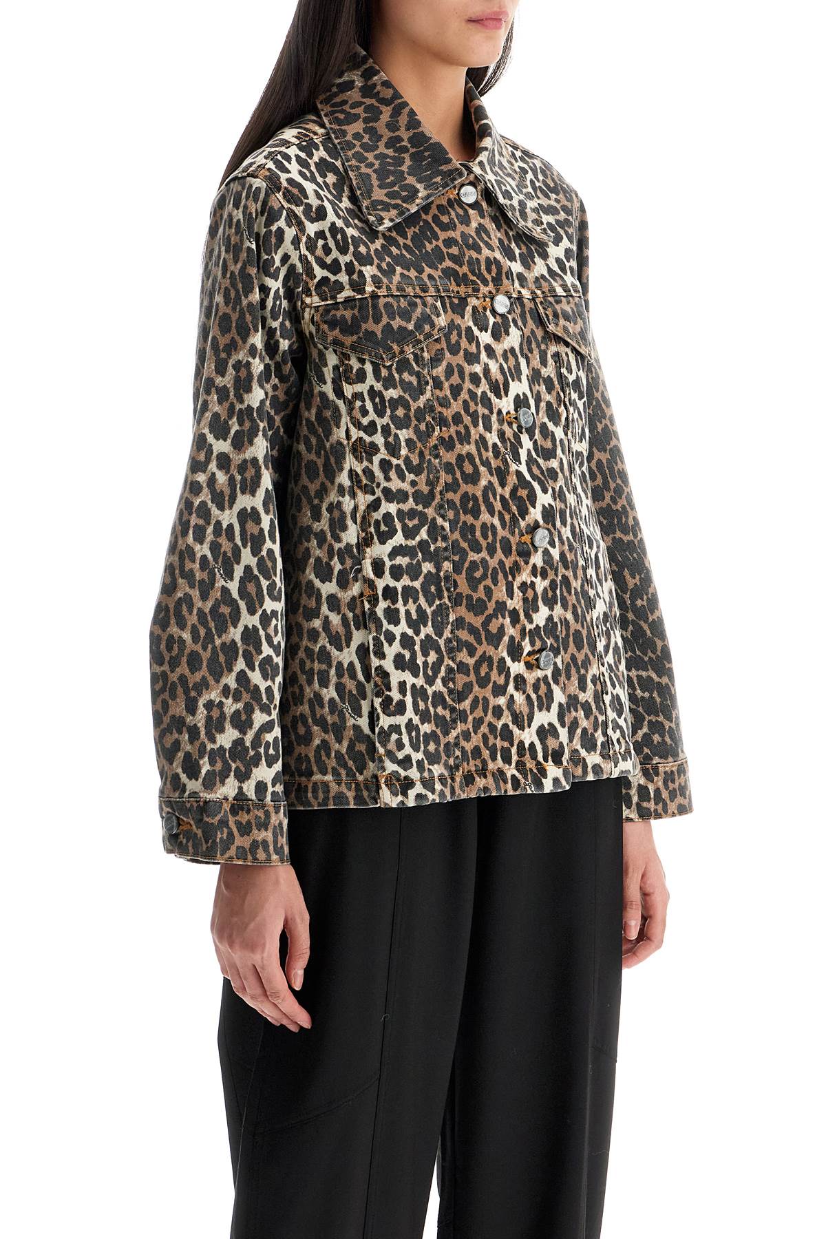 Shop Ganni Leopard Print Denim Jacket In Leopard (brown)