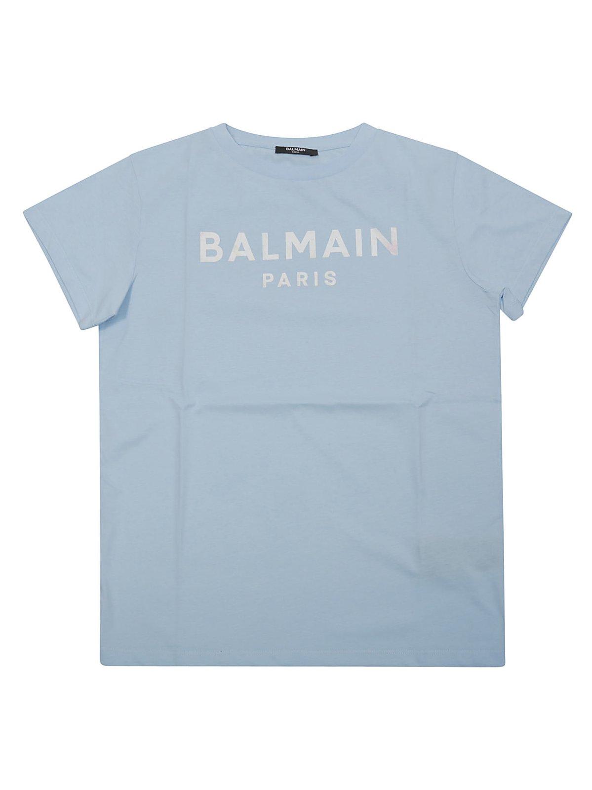 Shop Balmain Holographic Logo Crewneck T-shirt In Celeste