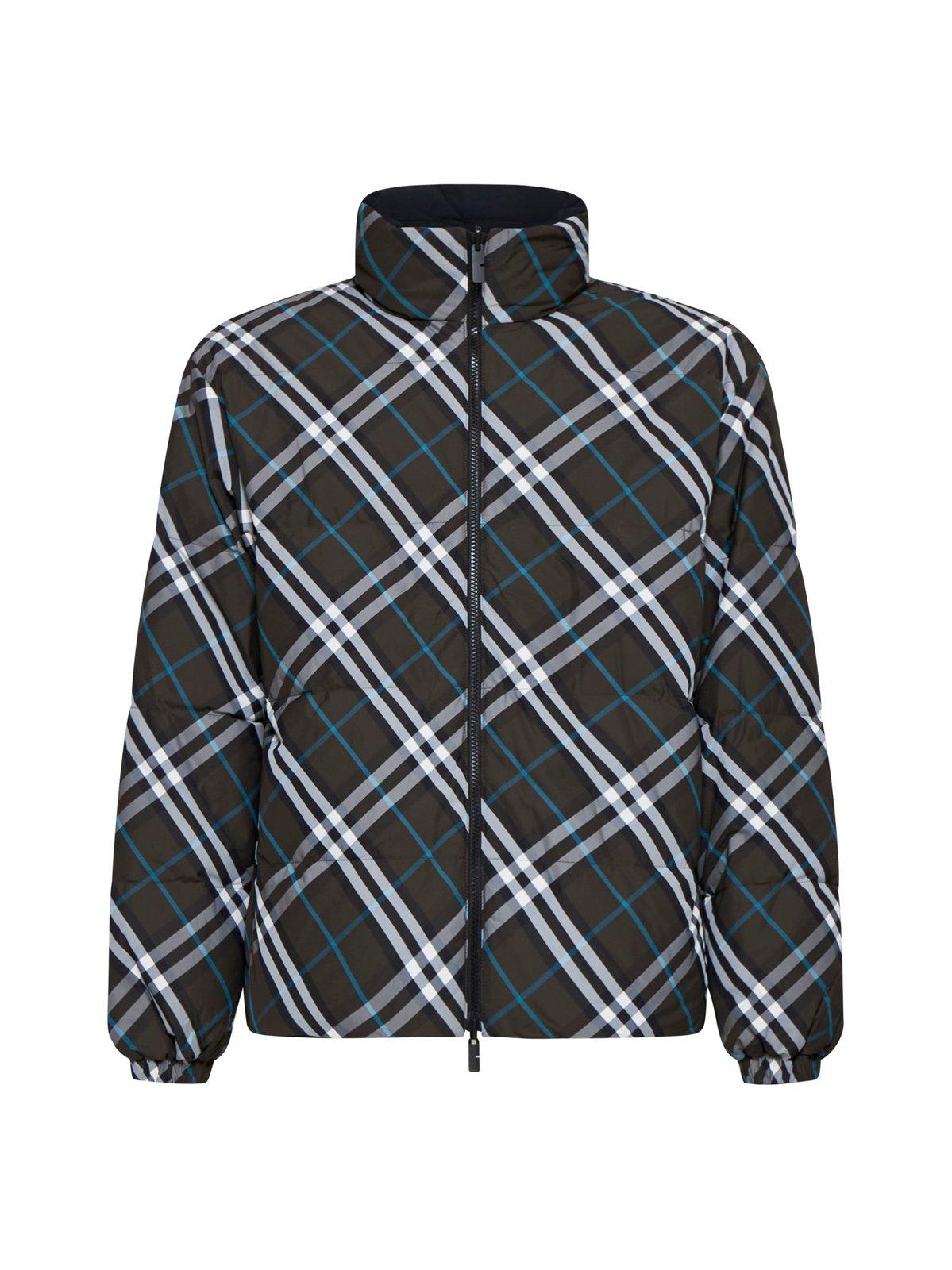 Shop Burberry High-neck Zip-up Checked Jacket In Brown/black