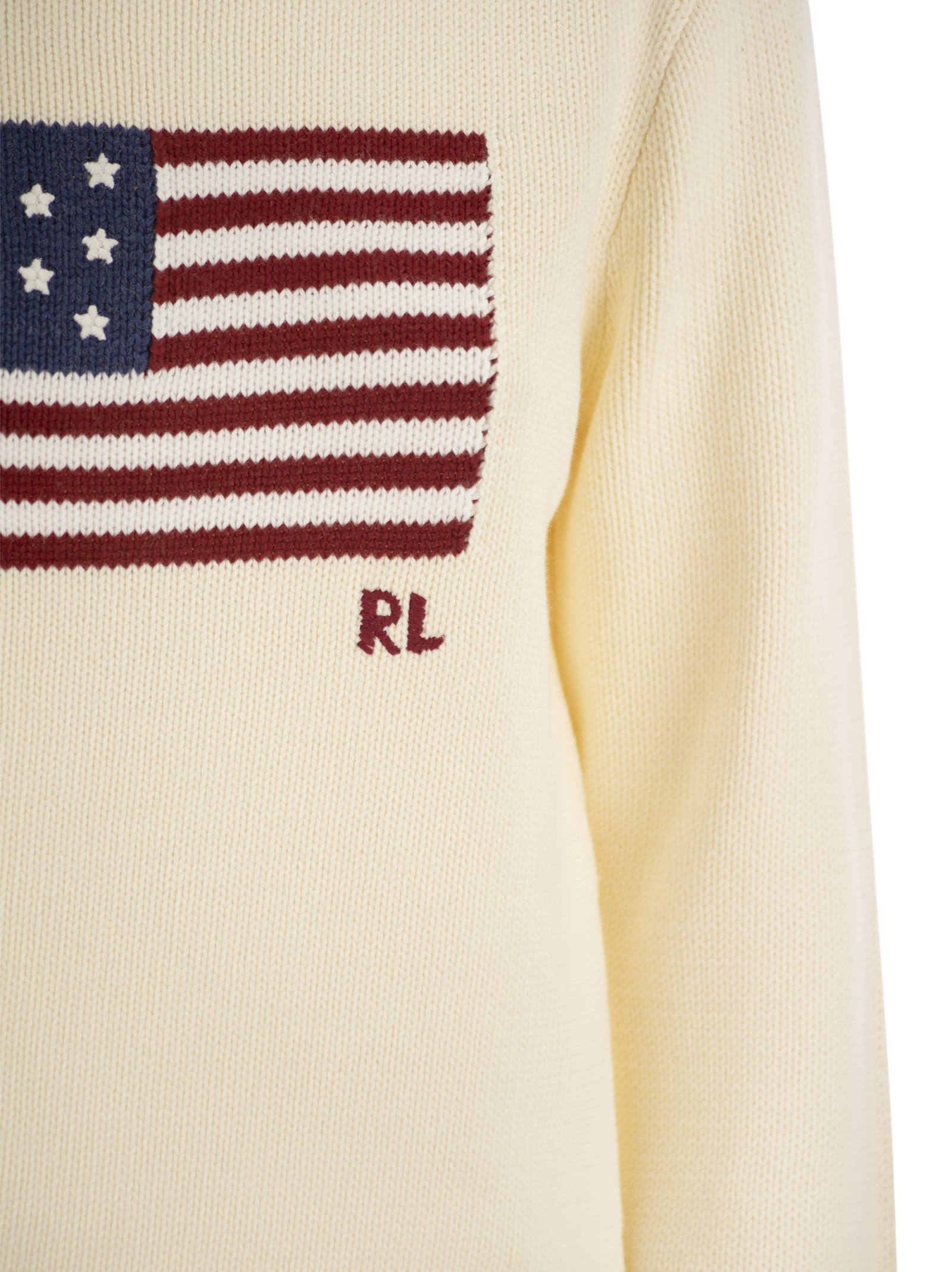 Polo Ralph Lauren Knit Sweater With Classic American Flag Design And Rl Embroidery In Neutral