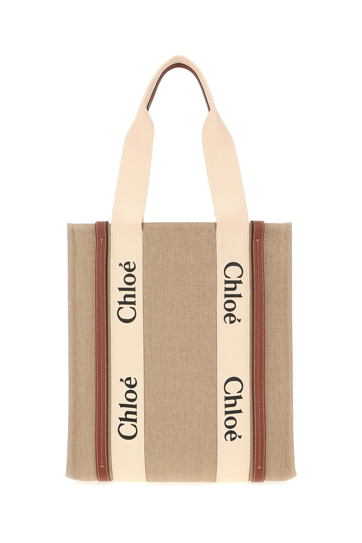 Chloé Sand Linen Large Woody Shopping Bag In Sepia Brown