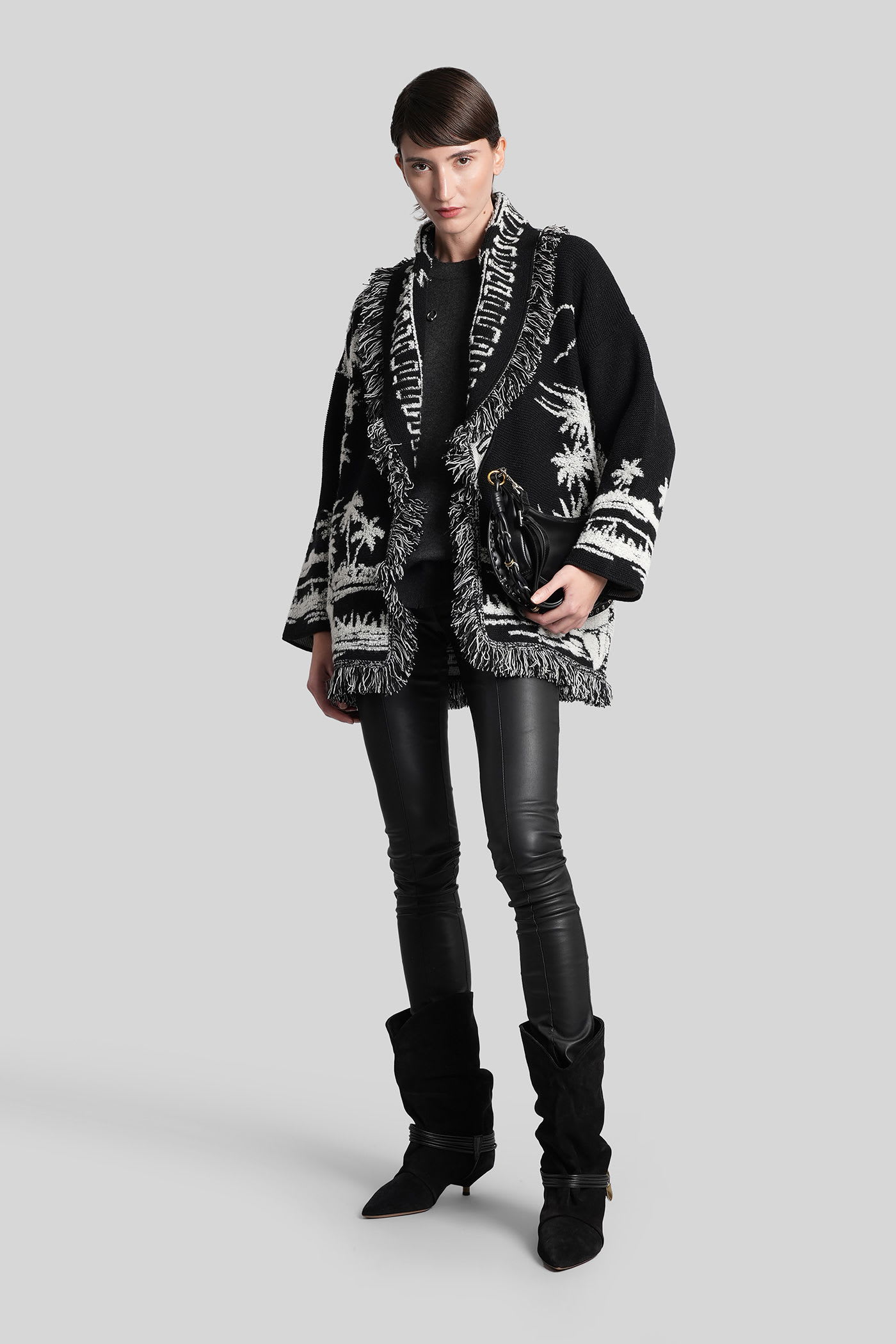 Alanui Black Cardigan With Tropical Pattern And Fringes In Black
